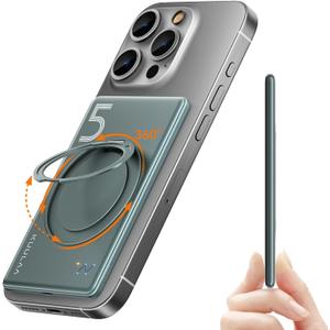 Kuulaa Magnetic Portable Charger Power Bank for iPhone 5000mAh Slim PD 20W USB C Battery Pack for Magsafe with Rotable Stand for iPhone 16/15/14/13/12 Series (Grey)