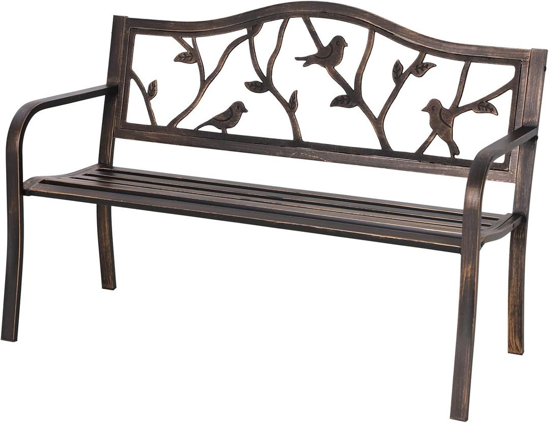Sophia & William Outdoor Bench, Porch Bench, Garden Bench, Wrought Iron Bench with Backrest and Armrests, Bronze, 50.4"L x 23.5"W x 35"H