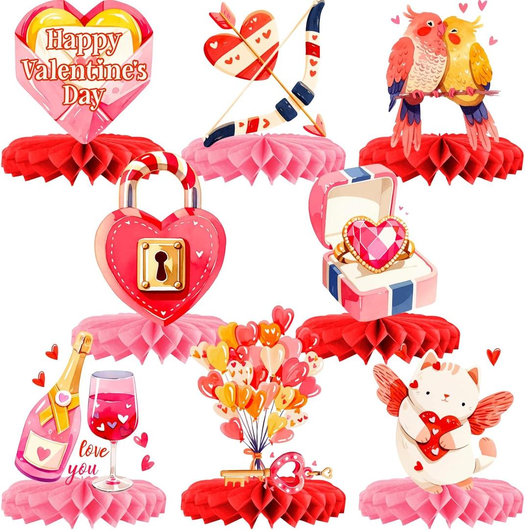 2 x Large, Pack of 8 | 3D Valentine Honeycomb Centerpiece, Red and Pink Valentines Day Centerpieces Table Decorations for Valentine's Day Party Supplies Ideas, Favors