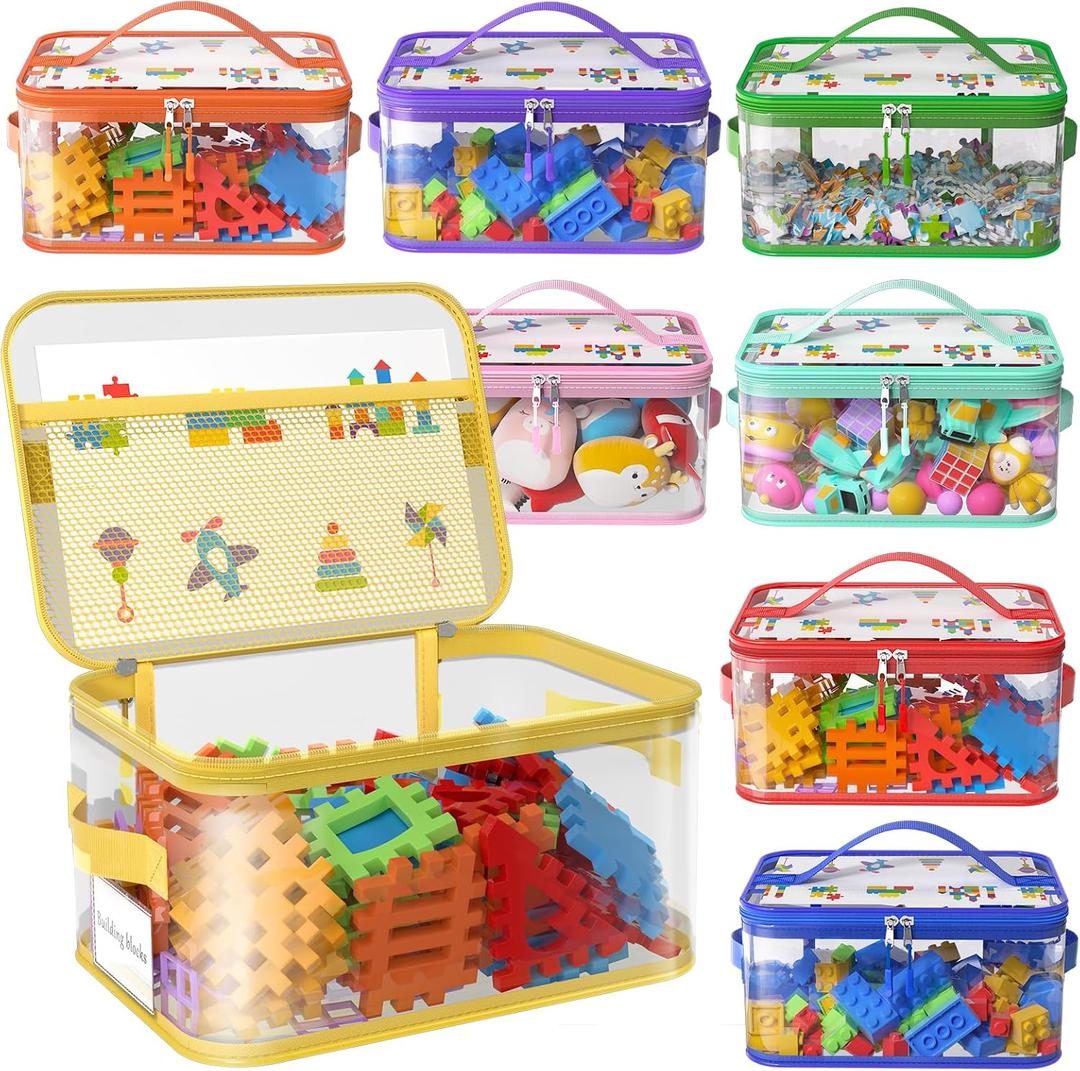 8 Packs Extra Large Toy Storage Bags with Labels, Reusable Clear PVC Board Game Storage, Travel Waterproof Toy Organizer Bags with Name Tag and Manual Pocket for Building Blocks, Puzzle, Kids Books