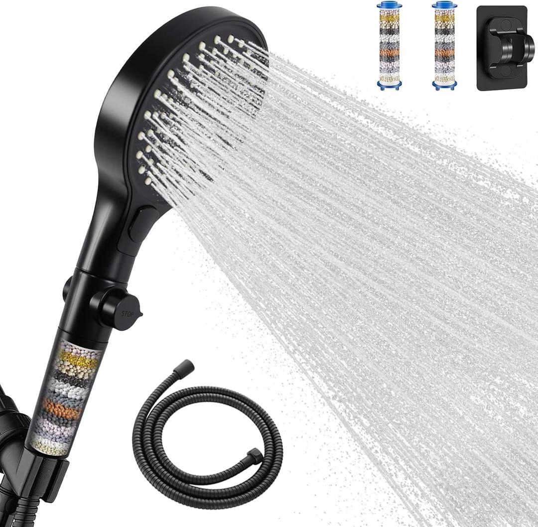 Filtered Handheld Shower Head with Hose and Holder, 5.1" Large High Pressure Shower Wand with 2 Extra Filters, Matte Black Showerhead Set for Hard Water, 3 Spray Modes & One-Key Pause