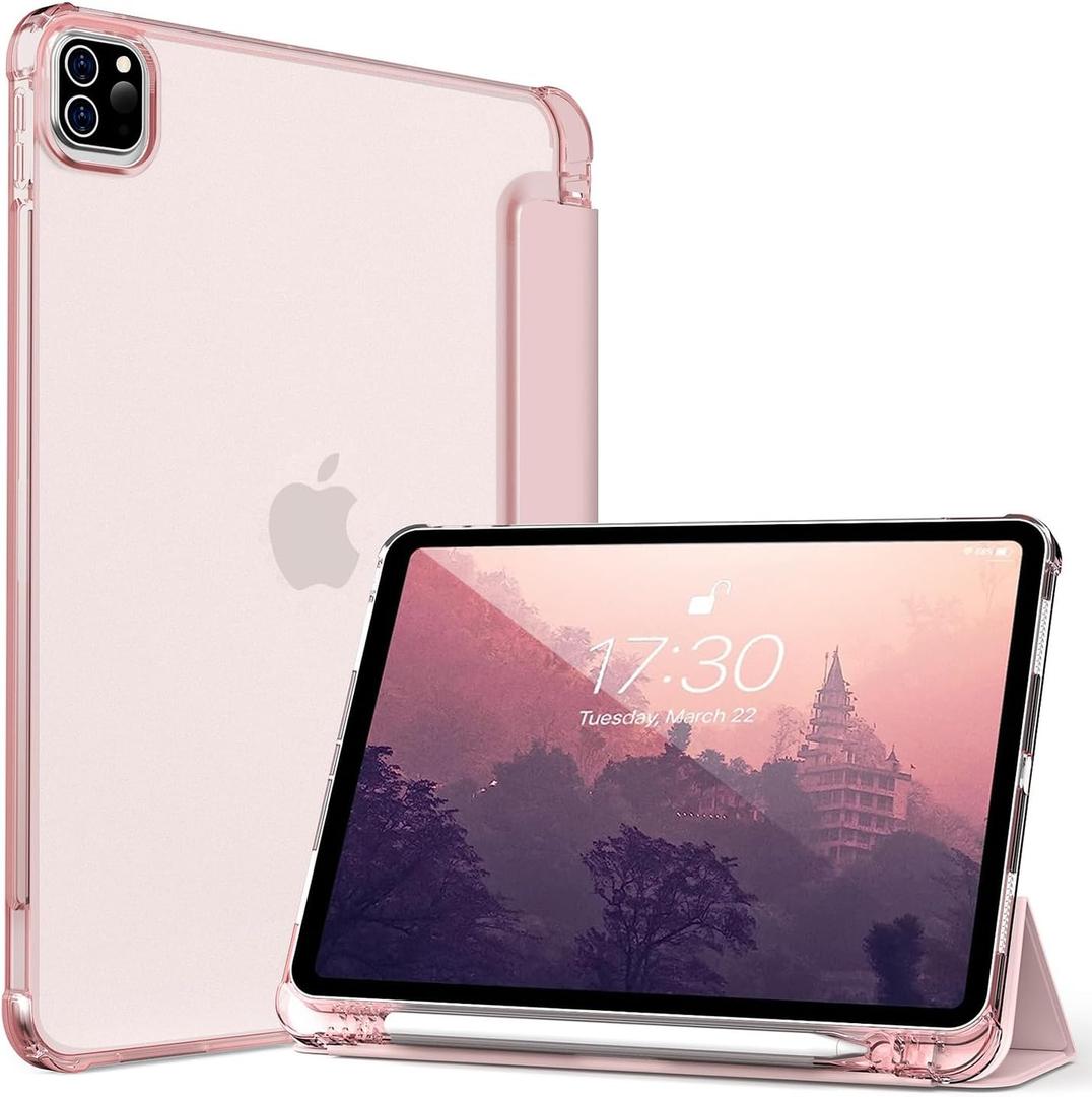 Kenke New iPad Pro 11 Inch Case 4th/3rd/2nd/1st Generation 2022/2021/2020/2018 with Built-in Left Side Pencil Holder, Hard Frosted Back Cover & Colored Edge (Pink)