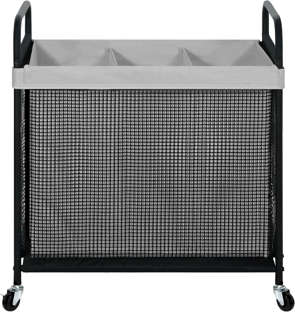 STO STO Laundry Hamper 3 Section, 120L Rolling Laundry Sorter Cart with Removable and Washable Liner Bag, Clothes Hamper with Wheels and Metal Handle for Laundry Room and Bedroom, Gray