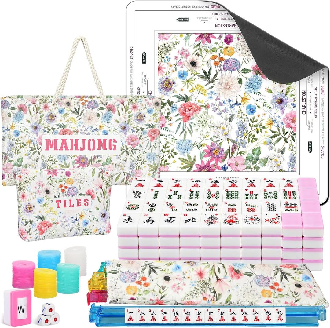 179 Pcs American Mahjong Tile Set with Floral Carrying Bags 166 Tiles 4 All in One Color Racks Pushers Mat Accessories Mahjong Game Set for Family Game Night Gifts Travel Home Play, 31.5 x 31.5 inches
