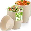 Tessco for you 100 Pack Large Disposable Salad Bowls Deep Heavy Duty Paper Bowls Sugarcane Fiber Compostable Biodegradable Microwave Safe for Hot Cold Soup Ramen Popcorn Pasta(40 oz,Natural Color)
