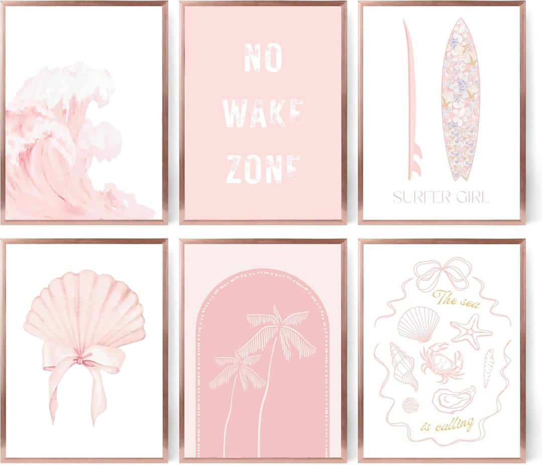 6Pcs Pink Beach Canvas Wall Art Surfer Girl Coastal Posters Prints No Wake Zone Quote Boho Seashell Palm Tree Pictures Wall Decor for Bathroom Nursery Girls Room Decoration 12''x16'' Unframed