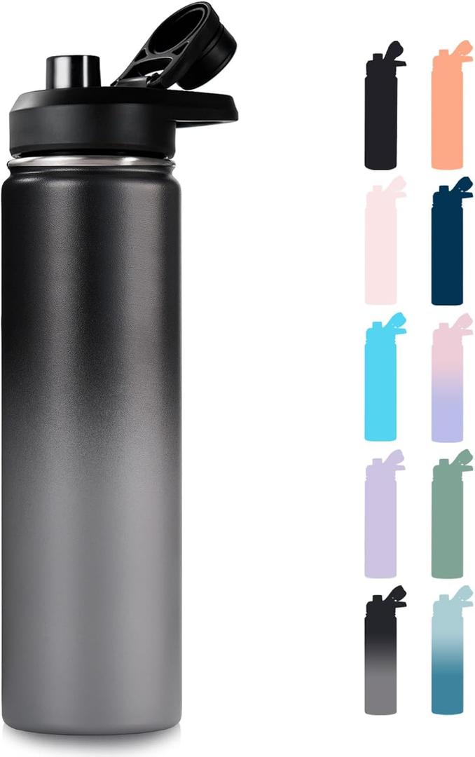 Fijinhom 24 oz Insulated Water Bottle with Handle, 304 Stainless Steel Water Bottles with Wide Mouth, Double Wall Vacuum Sports Water Bottle, BPA Free, Keep Cold and Hot, Black/Gray