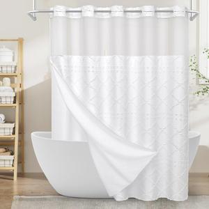 Boho White Woven Fabric Shower Curtain 72 x 86 Modern Farmhouse, No Hooks Tufted Chevron Striped Shabby Chic Textured, Minimalist Cloth Curtain for Bathroom, Hotel Decor
