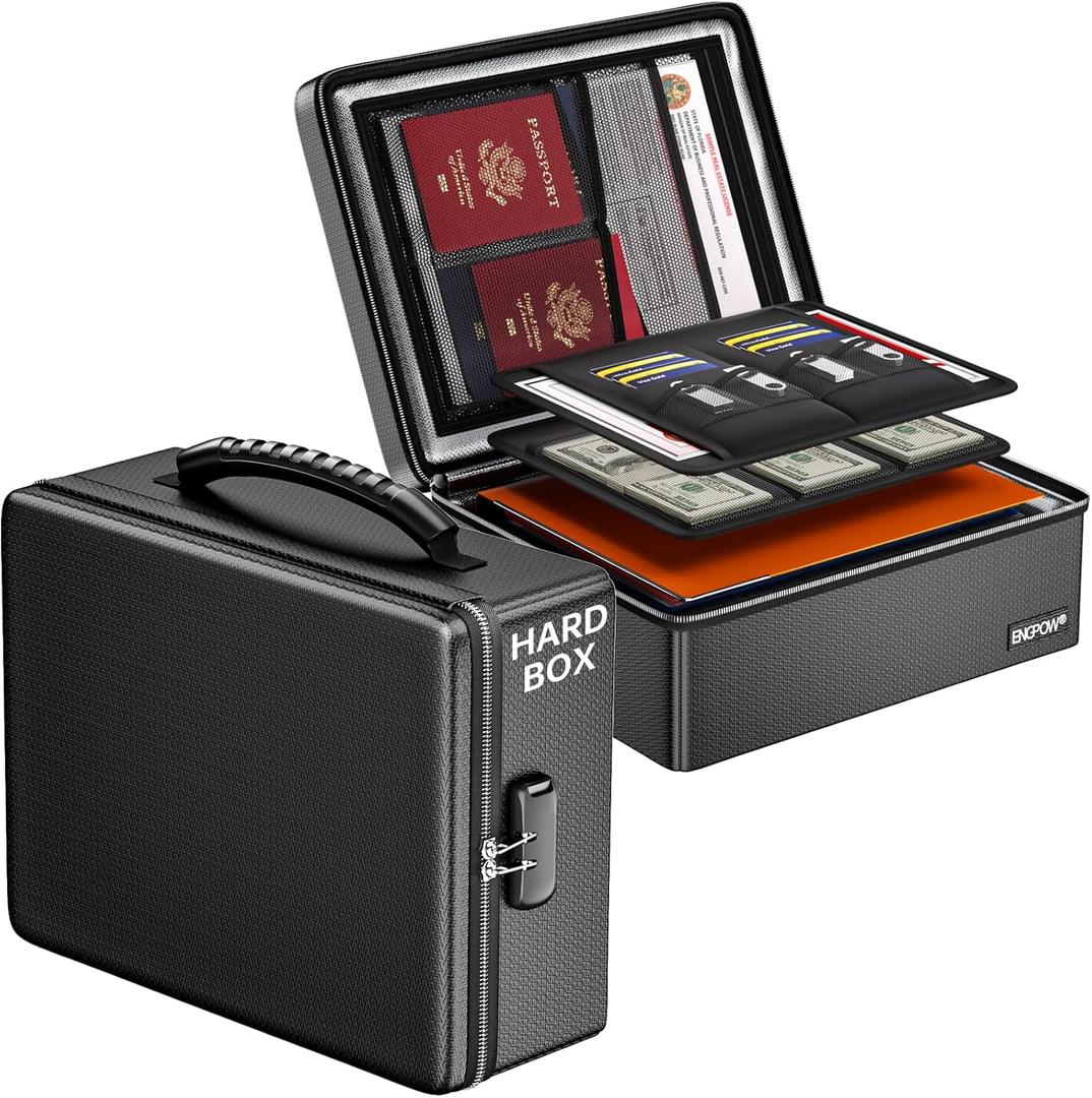 ENGPOW Fireproof Document Box with Lock, Fireproof Water Resistant Heat Insulated Safe Box Hard Case with Fireproof Zipper, Portable Home Office Travel File Organizer for Important Documents and More (Black)