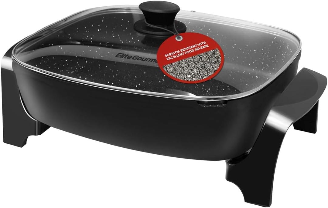 Elite Gourmet EG-6203# Extra Deep 16"x13"x3.2" (10.5Qt.) Scratch Resistant, Easy Pour Spout Dishwasher Safe, Non-stick Electric Skillet with Glass Vented Lid, Adjustable Temperature, Black