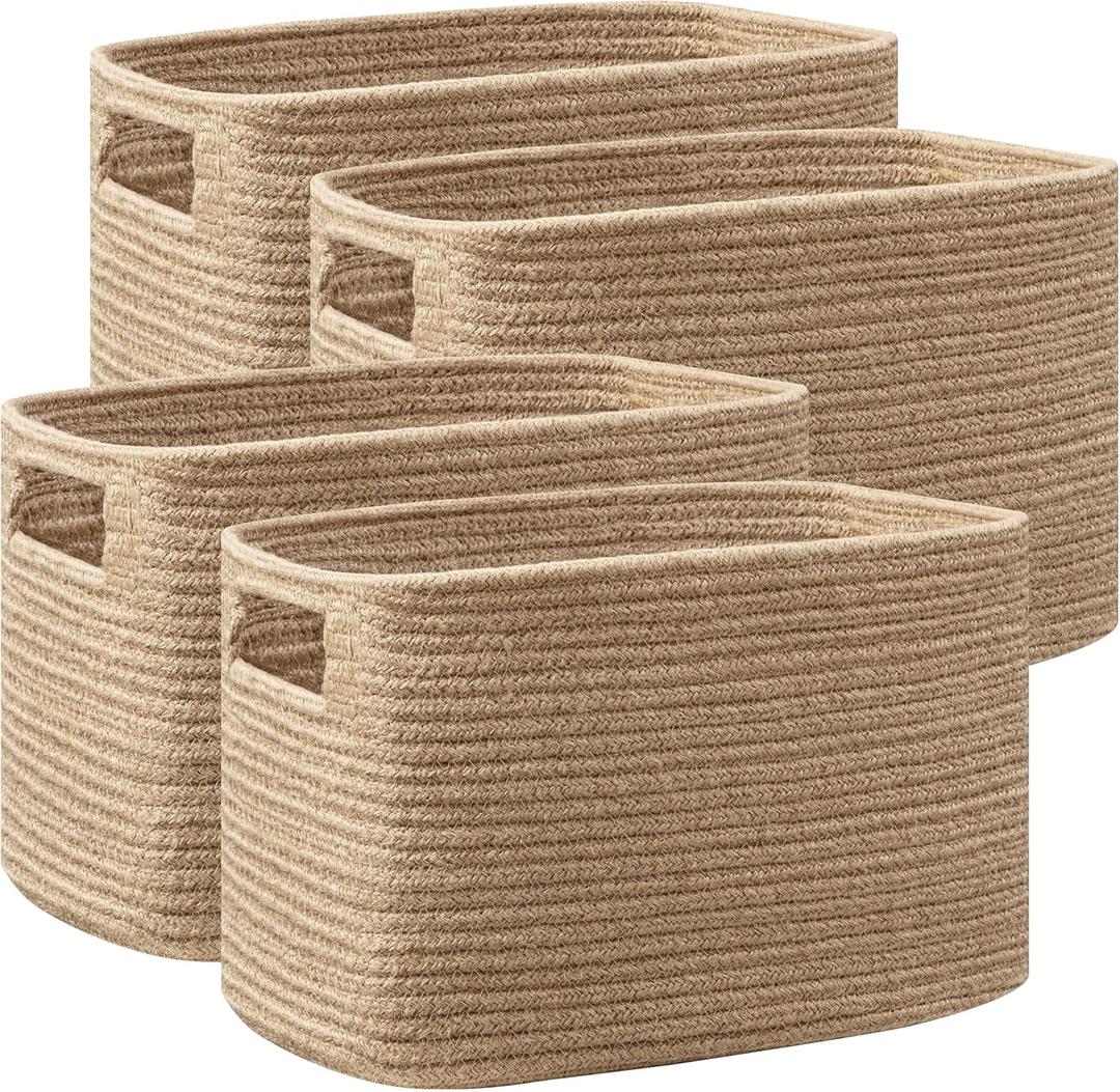 UBBCARE 4 Pack Storage Baskets for Organizing, Shelf Baskets with Handles, Woven Storage Baskets for Bookcase/Cube Shelf/Closet, 14.5"L x 9.8"W x 9"H, Jute