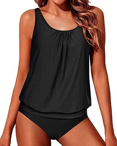 Yonique Blouson Tankini Swimsuits for Women Loose Fit Modest Two Piece Bathing Suits (XX-Large, Black)