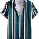 OYOANGLE Men's Color Block Striped Print Short Sleeve Button Up Casual Shirt, Medium, Navy Blue White