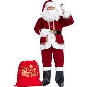 ABALAGU Santa Claus Costume for Men Deluxe 11pcs Adult Professional Santa Suit Christmas Santa Costume Set (Medium)