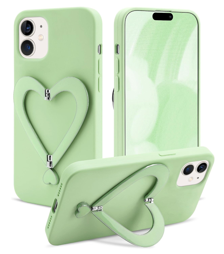 Case for iPhone 11, Cute Heart with 3D Heart Stand Slim Fit Liquid Silicone Soft Anti-Scratch Microfiber Lining Shockproof Protective Phone Cover for Girly Women Case - Green