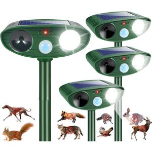 4Pack Sonic Fortress Pro Deer Repellent Devices Squirrel Raccoon Rabbit Cat Fox Deterrent Solar Ultrasonic Animal Repellent Outdoor with Motion Activated Strobe Light for Garden Yard Lawn Protection