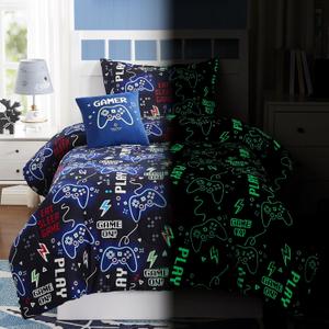 Kids Comforter Set Twin Size for Boys, Glow in The Dark Gamer Bedding Set 1 Comforter, 1 Decor Pillow, 1 Pillow Shams