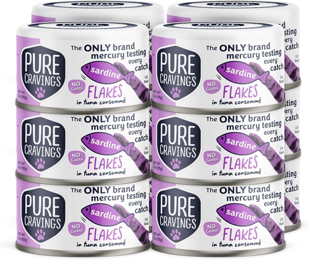Pure Cravings Sardine Flakes in Tuna Consomm, Canned Wet Cat Food Soup, 100% Mercury-Tested, Moist Can Fish, Grain-Free Protein, Non-GMO, 3oz, Pack of 12, Best By 12 2026