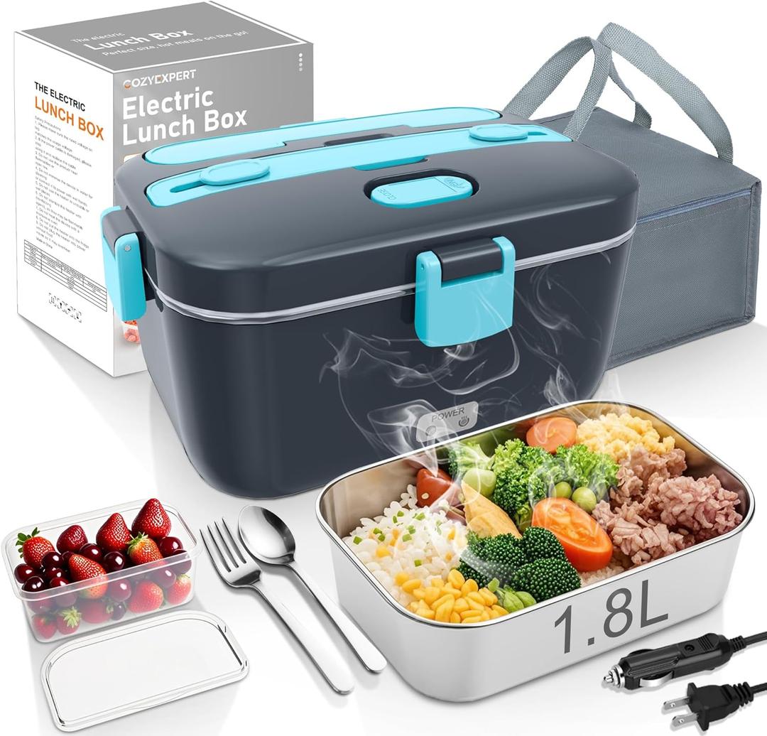COZYEXPERT Electric-Lunch-Box-Heated-Food-Warmer 100W Heating Lunchbox for Adults 1.8L Portable Food Heater for Work/Car, 12V/24V/110-230V Lonchera Elctrica Porttil with Fork Spoon (Gray+Blue)
