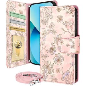 Buleens for iPhone 13 ProMax Wallet Case for Women  with Card Holder for iPhone 13 ProMax Flip Case Leather Crossbody Cute Aesthetic i Phone 13ProMax Case with Strap for Girls Girly, PK Line Flower