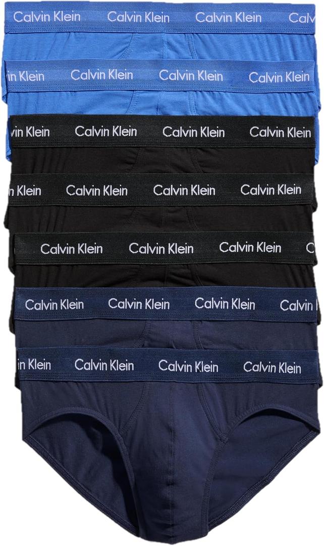 Calvin Klein Men's Cotton Stretch 7-pack Hip Brief (3 Black, 2 Blue Shadow, 2 Cobalt Water)