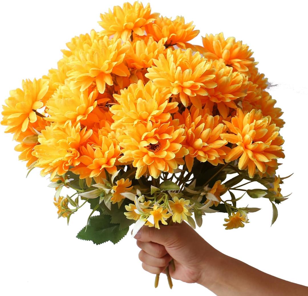 6 Pack Outdoor Indoor Artificial Fake Marigold Flowers Bouquet, 30pcs Fall Orange Yellow Fake Silk Marigold Flowers, Look Real Autumn Mums Plants for Vase Pot Front Porch Wedding Halloween Cemetery
