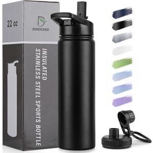 DOMICARE Insulated Water Bottle, 22 oz Vacuum Insulated Stainless Steel Reusable Sports Bottle with Straw Lid & Spout Lid for Travel, Camping, Bike, Leakproof, Black, 1 Pack