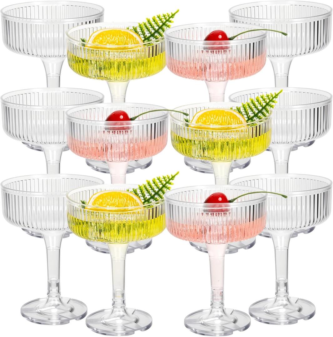 12 Pcs Ribbed Martini Glasses 7 oz Disposable Plastic Vintage Ribbed Coupe Glasses Cocktail Unbreakable Dessert Parfait Glassware for Wedding Birthday Party Supplies (Clear)