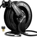 Double Arm 50FT x 3/8" Retractable Pressure Washer Hose Reel, Heavy Duty Steel Professional Power Wash Hose Reel with 5 ft Lead for Air/Oil/Water, 4000 PSI