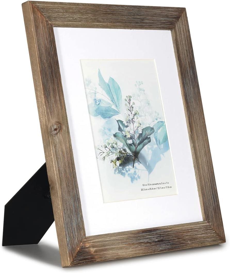 KAIWIN 100% Solid Wood Brown 8x10 Picture Frame 1 Pack - Display Picture 5x7 with Mat, HD Glass Inside, Rustic Wooden Photo Frames for Table Top and Wall Mounting