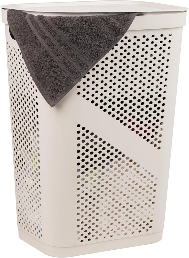 Mind Reader Slim Laundry Hamper with Lid, 60L Clothes Basket, Ventilated Plastic, Ivory, Single