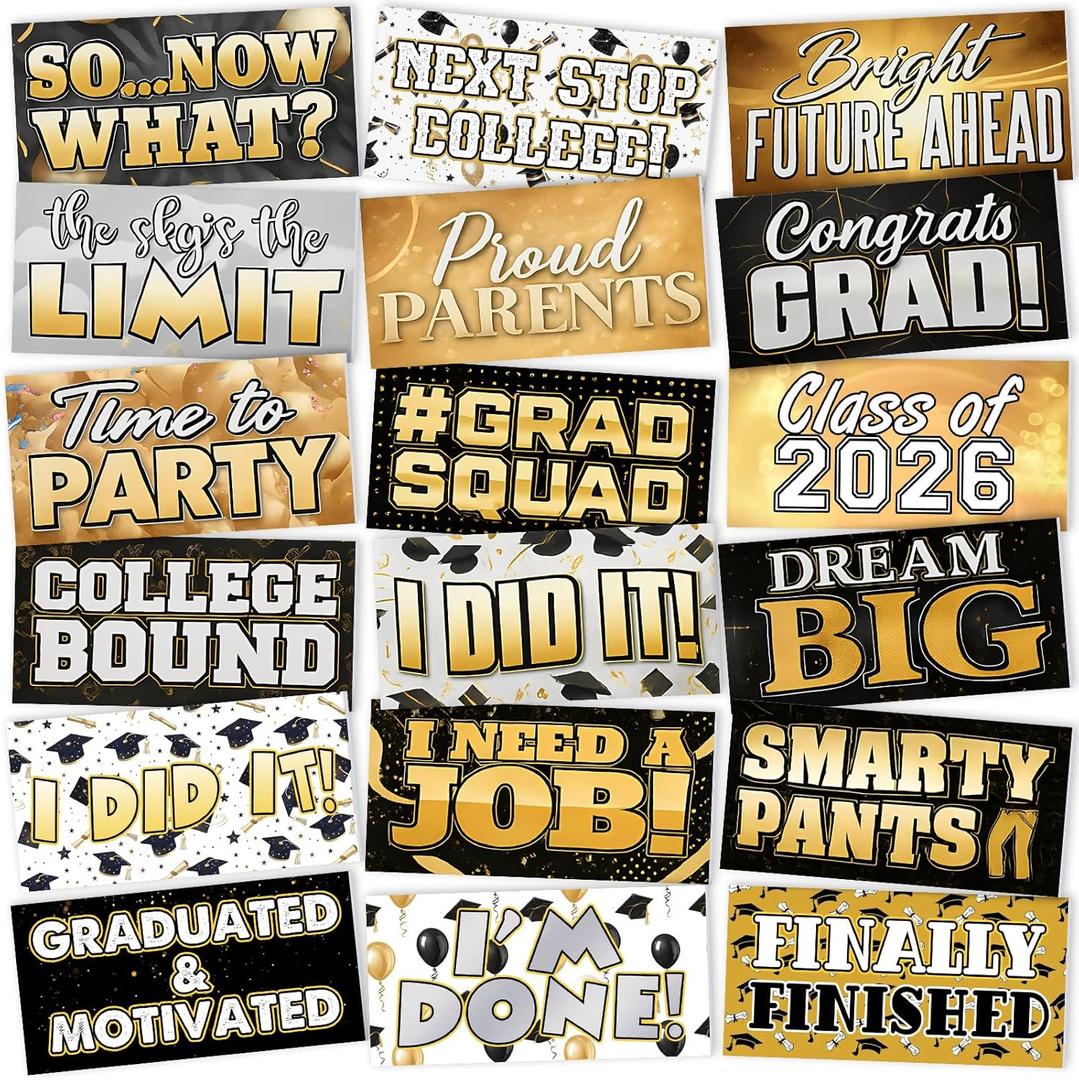 24 Designs 2026 Graduation Photo Booth Props Double Sided 11x5.51'' Graduation Prom Party Photoshoot Gold Black Picture Props for Photoshoot Supplies Waterproof Selfie Signs PVC for Party
