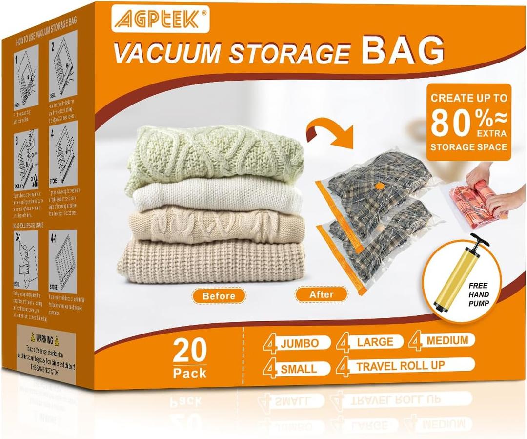 AGPTEK 20pcs Vacuum Storage Bags(4 Jumbo/4 Large/4 Medium/4 Small/4 Roll)Compression Storage Bags for Comforters, Blankets, Vacuum Sealer Bags for Clothes Storage, Perfect for Home Storage and Travel