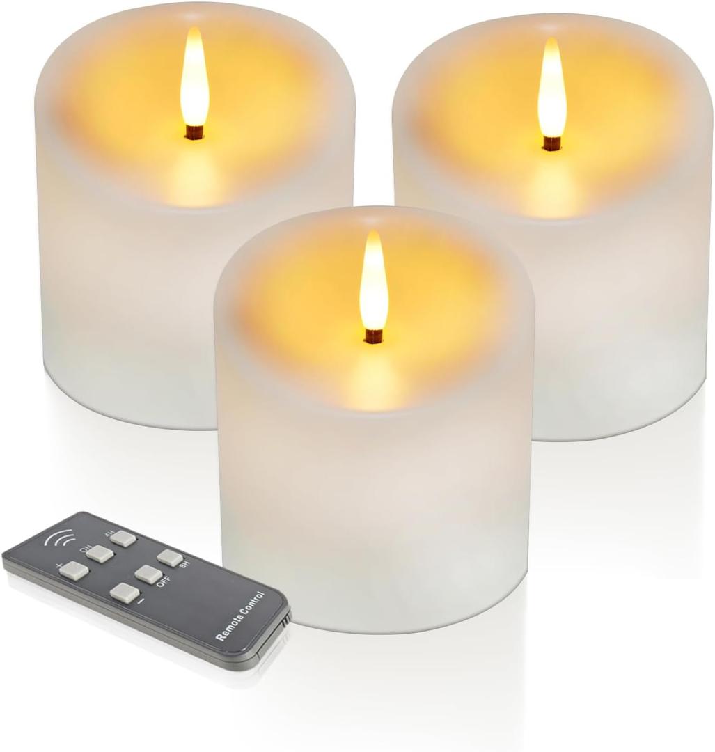 Outdoor Waterproof Flameless Candles with Timer, Remote Control Battery Operated Candles Flickering Last 600 Hours, 3"x3" Realistic Electric Fake LED Candles, Ivory Plastic, Set of 3