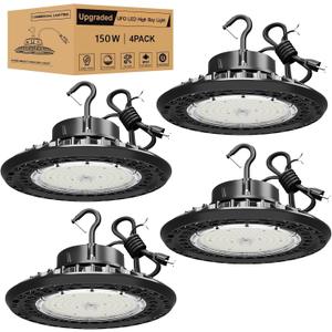 150W UFO LED High Bay Light 4 Pack, 22,500LM 5000K High Bay Lights, 5' Cable with US Plug, Hanging Hook, Safe Rope, ETL Listed for Shop Warehouse Barn, Black/5700K