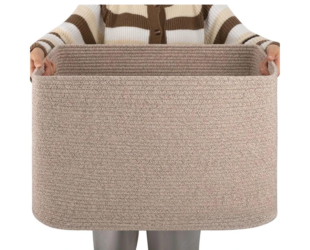 OIAHOMY XXLarge Rectangle Blanket Basket-96L, Cotton Woven Basket for Storage, Dirty Clothes Basket for Living Room, Nursery, Bedroom, Toy Organizing with Handle, 24" x 16" x 15",Brown variegated