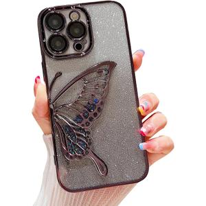 Chrome Case for Women/Girls, Gradient Glitter Butterfly Quicksand Plating Clear Phone Cases for iPhone Compatible with iPhone 15 Pro, Black