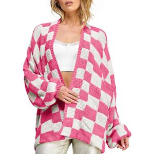 Saodimallsu Womens Checkered Oversized Cardigan Sweaters Color Block Chunky Open Front Lantern Sleeve Plaid Knit Coats (Medium, Rose)