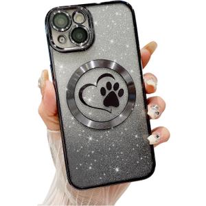 for iPhone 14 Case Glitter Clear Paw Love Heart Compatible with MagSafe, Strong Magnetic Full Camera Lens Protection Soft Slim Thin Cute Bling Phone Case - Black
