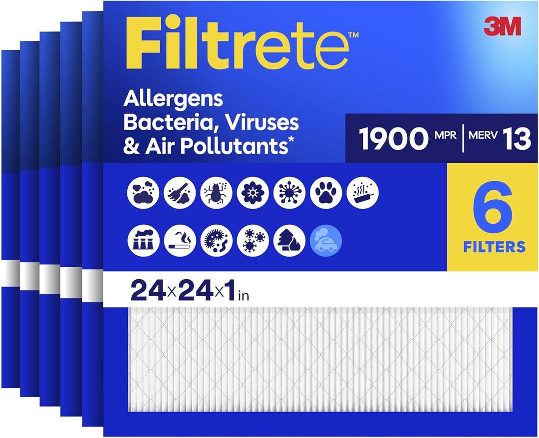 Filtrete 24x24x1 Air Filter, MERV 13 MPR 1900, Allergens, Bacteria, Viruses & Air Pollutants, 3-Month AC/Furnace Filters, Cleaner Air Reliable Airflow, 6 HVAC Filters(Act Size 23.81x23.81x0.78 in)