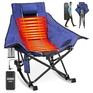 Suteck Heated Rocking Camping Chair, XL Oversized Rocking Chair Outdoor with 3 Heat Levels for Back and Seat, Heated Chairs Outdoor Sports W/ 20, 000mAh Power Bank for Patio Lawn Picnic Travel