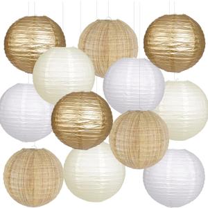 Paper Lanterns Gold White Round Hanging Chinese Lanterns for Wedding Birthday Party Boho Baby Shower Decorations Pack of 12