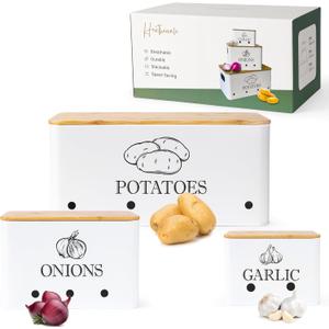 Potato Onion and Garlic Storage Bins with Wooden Lid & Breathable Holes  Rustic Farmhouse Stackable Kitchen Vegetables Canisters with Ventilation & Side Handles Space Saving  Set of 3