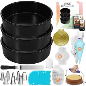 RFAQK 133PCs Round Cake Pans Sets for Baking + Cake Decorating Kit with NonStick 8 Inch Cake Pan Set of 3 -Icing Tips,Cake Leveler,Spatula, Multifunctional Cake Pan, Baking Supplies Gift & eBook