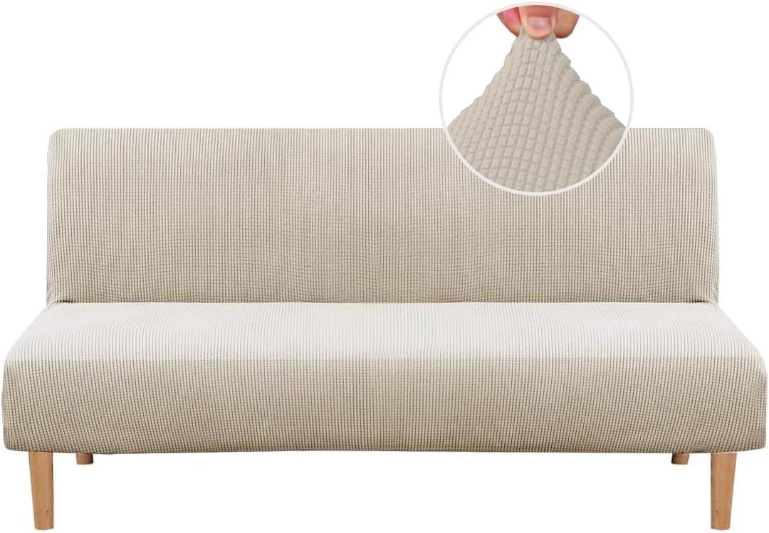 Armless Futon Cover Stretch Sofa Bed Slipcover Protector Elastic Feature Rich Textured High Spandex Small Checks Jacquard Fabric Futon Cover, Machine Washable, Island Fossi