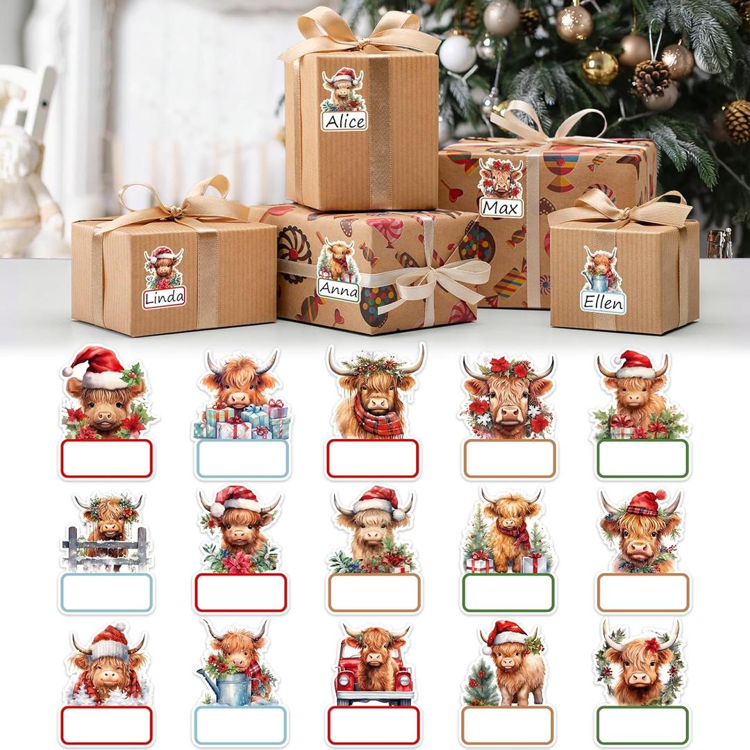 Whaline 120 Pcs Christmas Highland Cow Name Tags Gift Labels Poinsettia Cattle Self Adhesive Name Tag Stickers for Xmas Present Holiday Decor