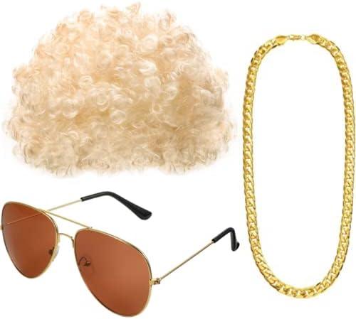 Gejoy Hippie Disco Costume Men Set Funky Afro Wig,Gold Celebrity Sunglasses Faux Gold Chain for 50/60/70s Party Accessories(Gold Hair)