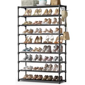 Kitsure Shoe Rack for Closet - 9-Tier Shoe Organizer with Hook Rack, Large-Capacity & Space-Saving Shoe Shelf for Entryway, Bedroom, Living Room,32.2"x11.8"x55.1", Black