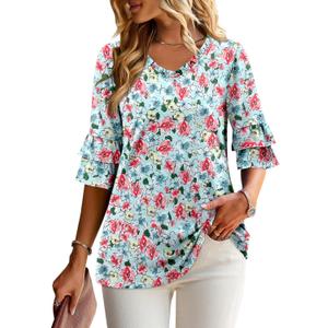 Angerella 3/4 Length Sleeve Womens Tops Dressy Casual Blouses Loose Fit Tunic Tops V Neck T Shirts Spring Summer Outfits (Medium)