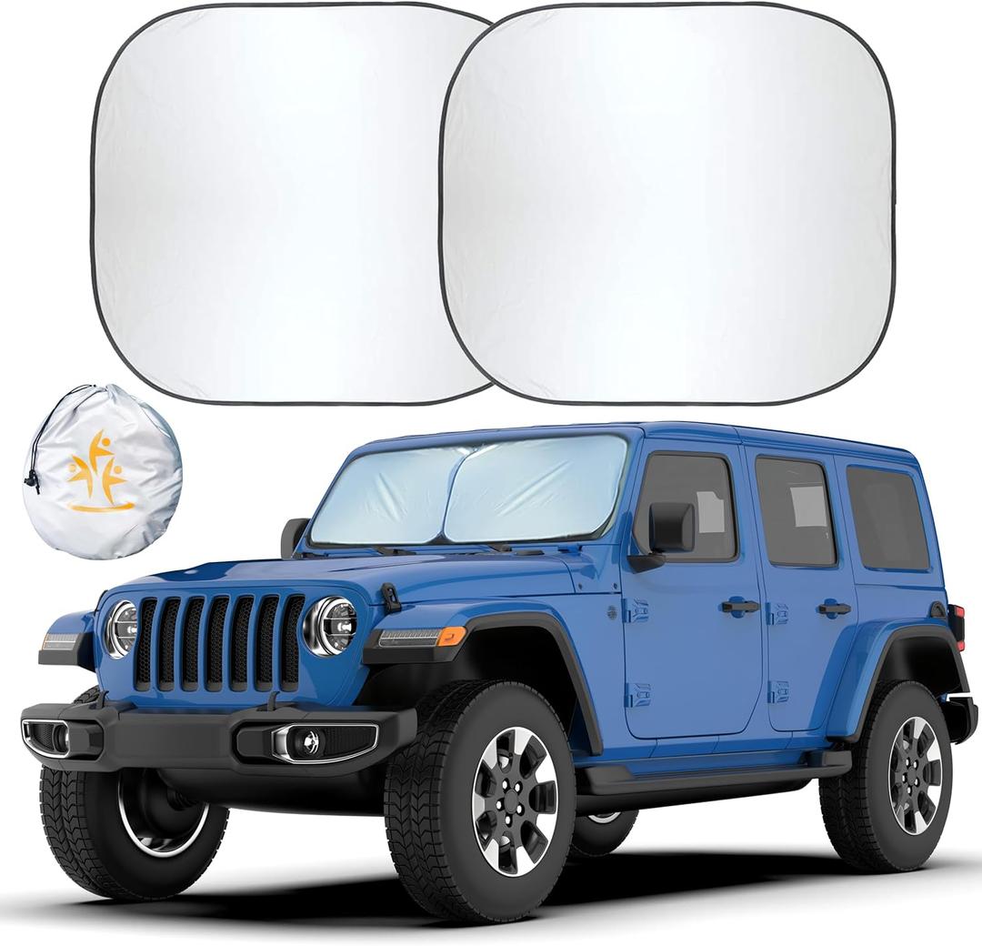 EcoNour 2-Piece Windshield Sun Shade for Jeep, Offers Complete Automotive Sun Protection, Foldable Jeep Windshield Shade Suits Wrangler, Compass, Gladiator & Renegade, (X-Small 18 in x 26 in)